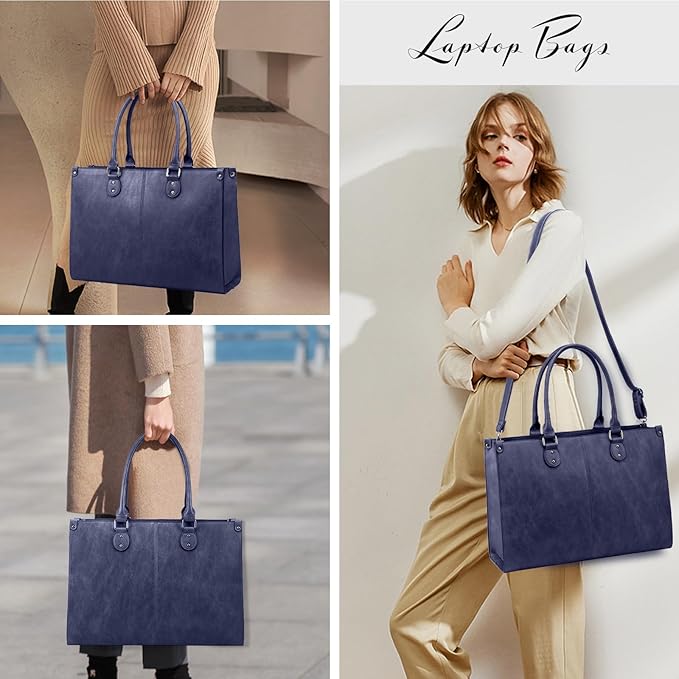 LOVEVOOK Laptop Tote Bag for Women, 15.6 Inch Large Capacity Vintage Leather Work Computer Bag, Business Casual Shoulder Handbag, Indigo Ink
