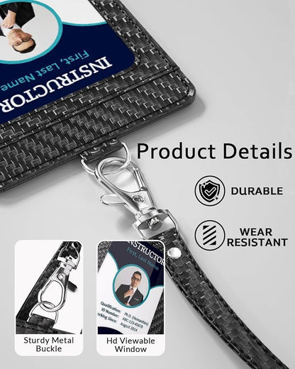 Carbon Fiber Work ID Card Holder with Lanyard is a Stylish and Durable Card Holder with Dual Card Capacity, Clear Display Window and Privacy Back Pocket (with Logo)
