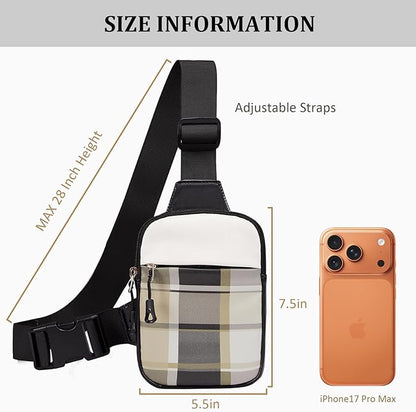 Mini Crossbody Sling Bag, PU Leather Chest Bag with Checkered Pattern, Dual Pocket Water Resistant Fanny Pack, Running Phone Holder for Men Women Workout Travelling(Scottish Tartan)