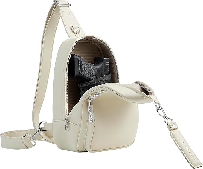 CCW Sling bag for Women & Men-Cusual EDC bag with fast access-Concealed carry crossbody bag for Women & Men-Include universal fast draw Holster (Zipper Beige)