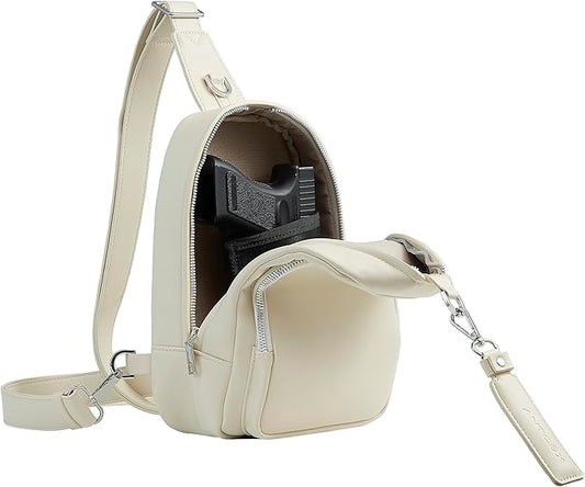 CCW Sling bag for Women & Men-Cusual EDC bag with fast access-Concealed carry crossbody bag for Women & Men-Include universal fast draw Holster (Zipper Beige)