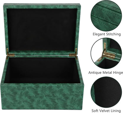HofferRuffer Faux Leather Decorative Box, Large Wooden Structure Keepsake Box Accessory Organizer Jewelry Organizer with Hinged Lid, Storage Container for Home or Office (Dark Green)