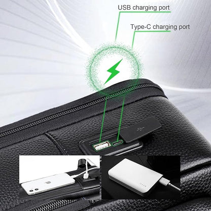 CHAO RAN Laptop Backpack for Men Leather Travel Backpack Carry on Flight Approved-Waterproof Medium Backpack Fit 15.6 Inch Notebook for College Business Office Bag with USB Charging Port (Black20)