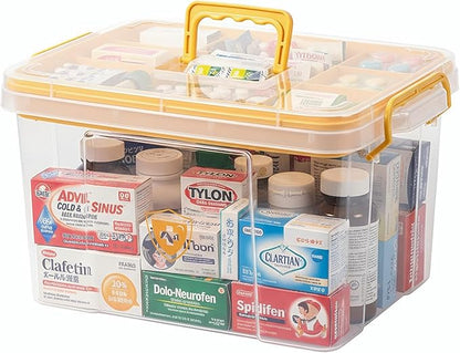 Pulseplay Clear Medicine Storage Box with Handle Portable Medicine Cabinet Organizer Multipurpose Plastic Storage Box with Removeable Tray for Home Office Travel Outdoor (Yellow)