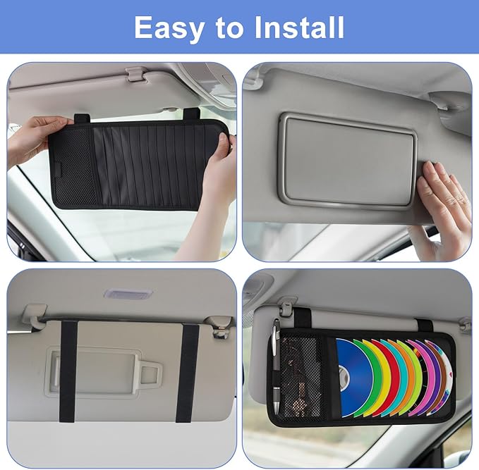 Car CD Case Holder Car Visor CD Holder DVD Vehicle Visor Storage Orangizer Large Capacity Sun Visors Organizer for CDs Visors Case with 12 DVD Storage Sleeves Mesh Pocket Pen Holders and Elastic Strap