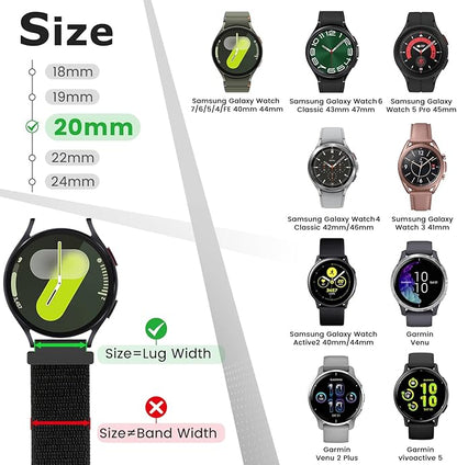 20mm Nylon Quick Release Band Compatible with Samsung Galaxy Watch 7 6 5 4 40mm 44mm/Garmin Vívoactive 6/5/3/3 Music/Forerunner 570 42mm/55/158/165/245/645/Amazift Active 2/Active/T-Rex 3 Pro 44mm