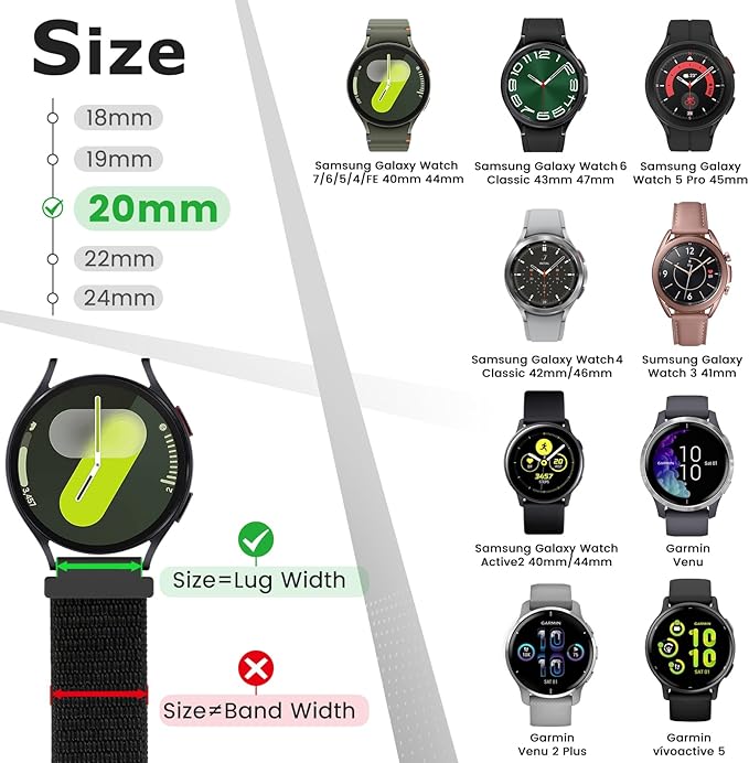 20mm Nylon Quick Release Band Compatible with Samsung Galaxy Watch 7 6 5 4 40mm 44mm/Garmin Vívoactive 6/5/3/3 Music/Forerunner 570 42mm/55/158/165/245/645/Amazift Active 2/Active/T-Rex 3 Pro 44mm