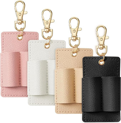 4PCS Lanyard Pen Clip Double Hole Leather Pen Holder, Anti-Lost Badge Pens Holders with Keychain, PU Neck Pens Holder Keychain Portable Badge Reel Tether for Office, Pink Beige Black White