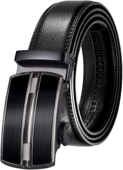 JINIU Men's Ratchet Belt Buckle, Black Genuine Leather Slide Belt for Men Dress Suit, Micro Adjustable Trim to Fit Boxed