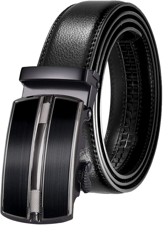 JINIU Men's Ratchet Belt Buckle, Black Genuine Leather Slide Belt for Men Dress Suit, Micro Adjustable Trim to Fit Boxed