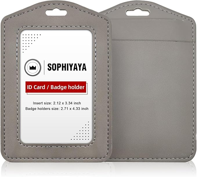 2 Pack Genuine Leather Badge Holder, Key Card Holder, Vertical ID Badge Holder for Student, Teacher, Office, Work and Factory (Grey)