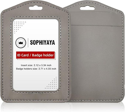 2 Pack Genuine Leather Badge Holder, Key Card Holder, Vertical ID Badge Holder for Student, Teacher, Office, Work and Factory (Grey)