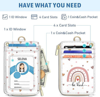 Be Kind Rainbow Lanyard Wallet with ID Badge Holder, Cute Small RFID Wallet Women Keychain Wristlet, Slim Credit Card Holder with Zipper Pocket Phone Lanyard Wrist Strap Name Tag Office Teacher Gift