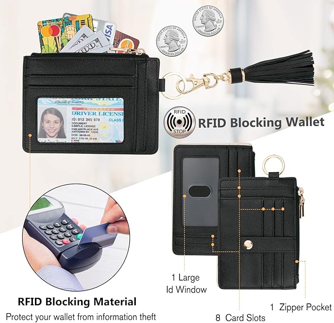 KNGITRYI Wallet Keychain Wristlet for Women,Slim RFID Credit Card Holder Purse Tassel Keychain Bangle Key Ring for Men Women