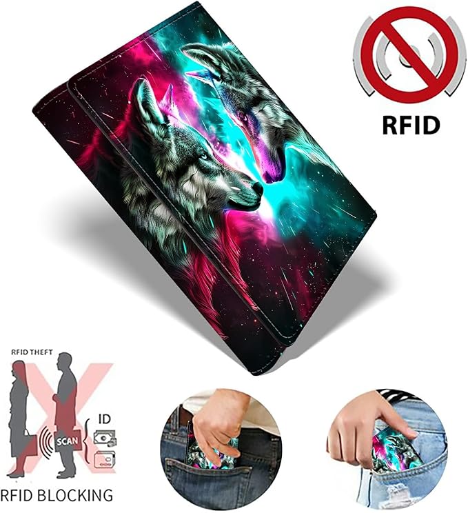 Minimalist Wallet for Men's Card Holders, Pop-Up Card Case Durable Wallets for Women, Leather Automatic Credit Card Holder with Metal Money Clip RFID Blocking Bifold Pocket, Gray Wolf Red Blue