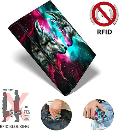 Minimalist Wallet for Men's Card Holders, Pop-Up Card Case Durable Wallets for Women, Leather Automatic Credit Card Holder with Metal Money Clip RFID Blocking Bifold Pocket, Gray Wolf Red Blue