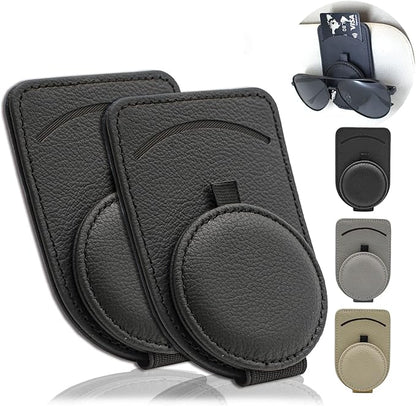Sunglass Holder for Car Visor, Magnet Adsorbed Sunglasses Holder for Car Accessories Parts, Leather Car Sunglass Holder, Car Visor Sunglasses Clip for Glasses Cards (2PCS, Black)