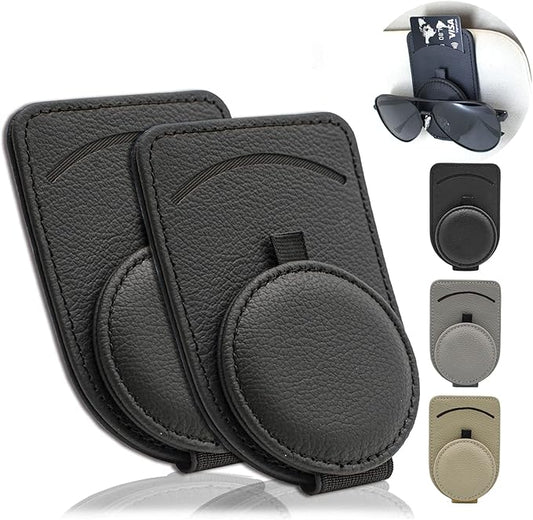 Sunglass Holder for Car Visor, Magnet Adsorbed Sunglasses Holder for Car Accessories Parts, Leather Car Sunglass Holder, Car Visor Sunglasses Clip for Glasses Cards (2PCS, Black)