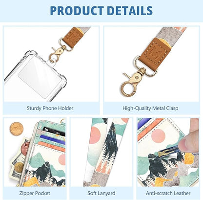 Sunrise Mountain Lanyard Wallet with ID Badge Holder, Small RFID Wallet Women Keychain Wristlet, Slim Credit Card Holder with Zipper Pocket Phone Lanyard Wrist Strap for Name Tag Office Teacher Gift
