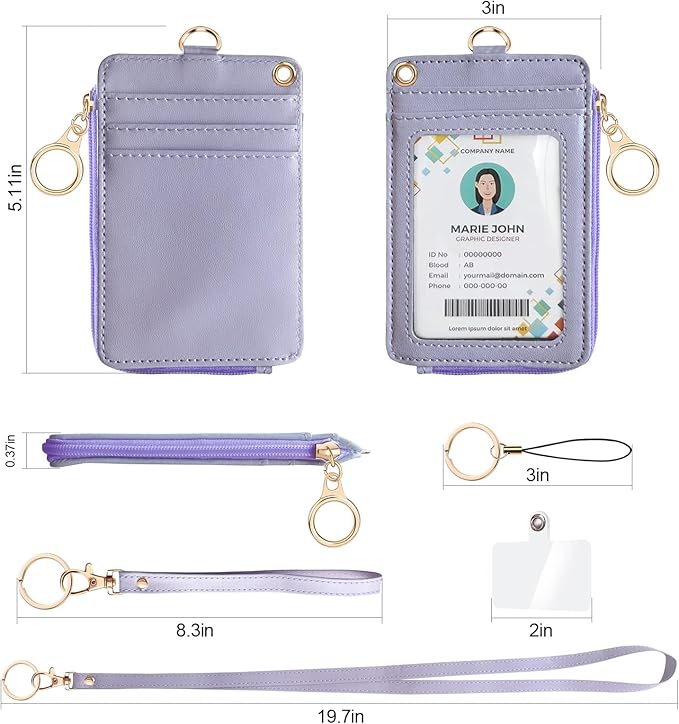 bolimoss 2-in-1 ID Badge Holder & Lanyard Wallet, Leather ID Name Badge with Side Zip Pocket for Teacher, Women Small Wallet with Removable Wristlet & Neck Lanyard, Clear Window, 5 Card Slots,Purple