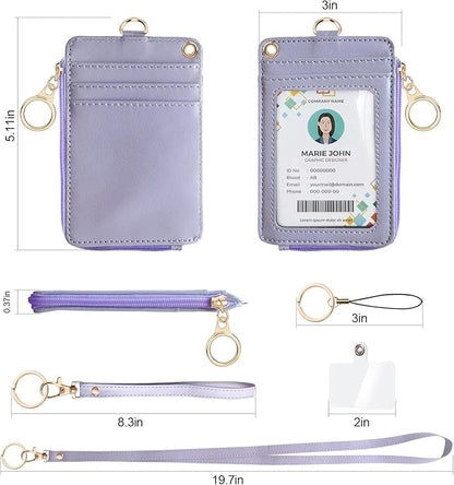 bolimoss 2-in-1 ID Badge Holder & Lanyard Wallet, Leather ID Name Badge with Side Zip Pocket for Teacher, Women Small Wallet with Removable Wristlet & Neck Lanyard, Clear Window, 5 Card Slots,Purple