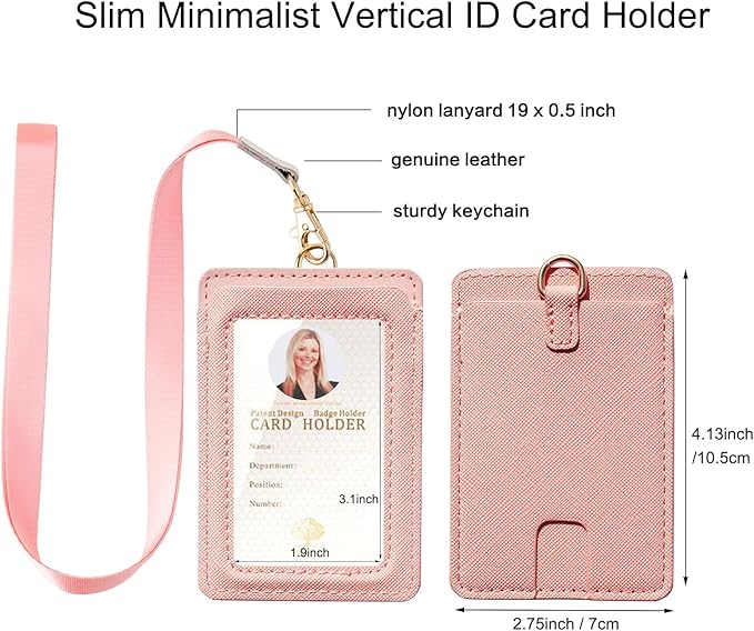 Leather ID Badge Holder,Slim Minimalist Elastic Credit Card Holder, Vertical Credit Card Holder for Men & Women with Neck Lanyard (Pink-C)