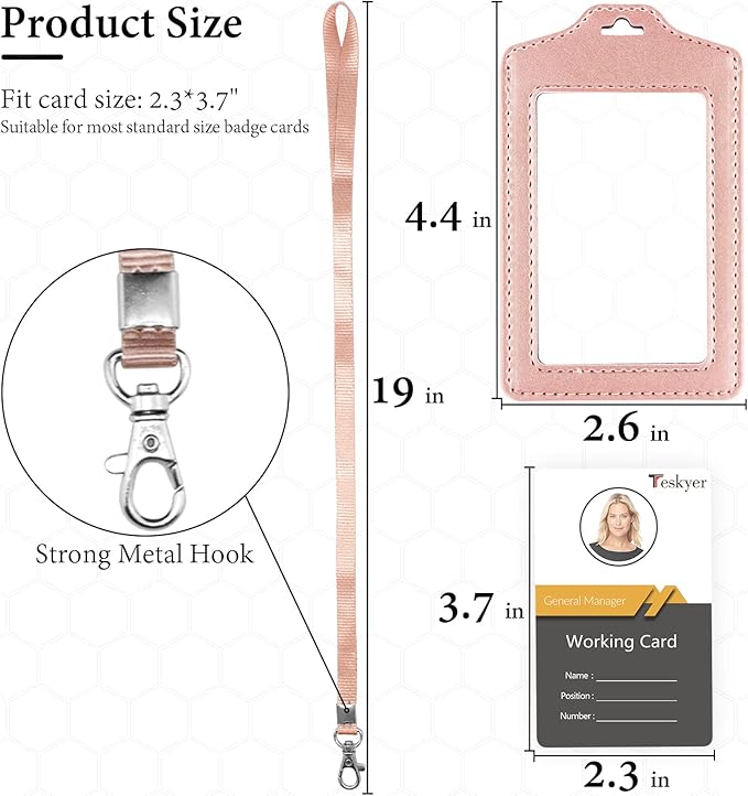 Teskyer 2 Pack Double Sided Clear Badge Holder with Lanyard, ID Badge Name Card Holder with Stainless Steel J-Hook Nylon Lanyard for Work, School, Metro, Access Card, Rose Gold