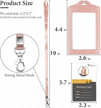 Teskyer 2 Pack Double Sided Clear Badge Holder with Lanyard, ID Badge Name Card Holder with Stainless Steel J-Hook Nylon Lanyard for Work, School, Metro, Access Card, Rose Gold