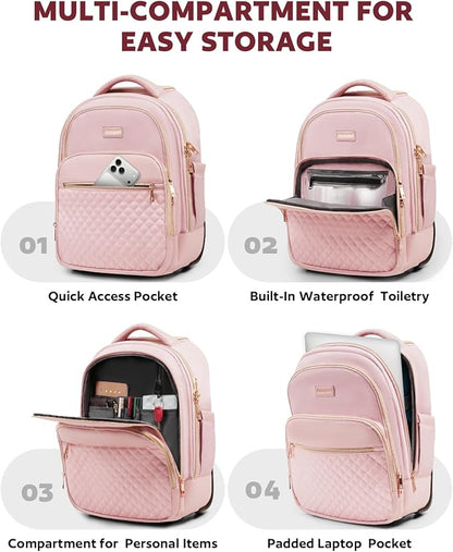 Arcoyard Small Rolling Backpack, 14.3 Inch Underseat Carry On Luggage With Wheels For Adults, Wheeled Backpack for Women, Travel Roller Bag, Pink