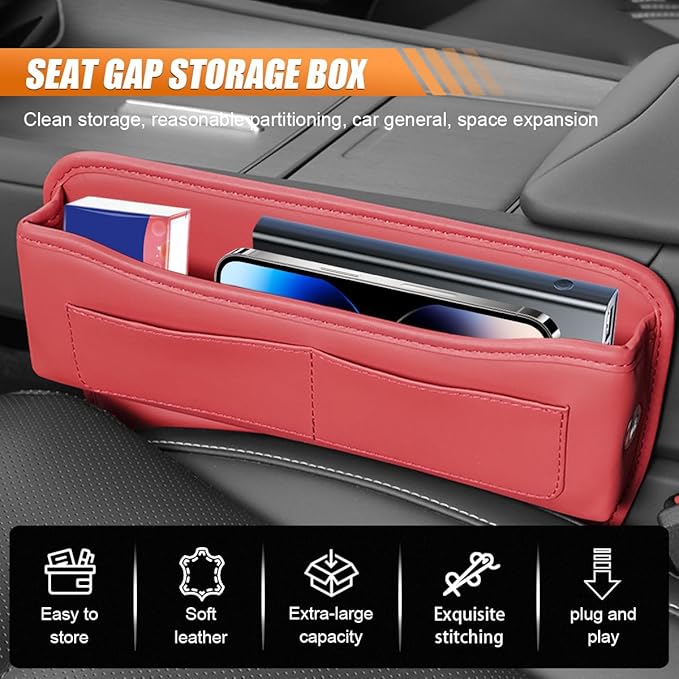 LAINLOY Car Seat Gap Filler, Leather Car Holder Gap Bag, Universal Car Storage Box for Front Seats, Car Seat Gap Organizer Accessories for Phones, Glasses, Keys, Cards (Red)