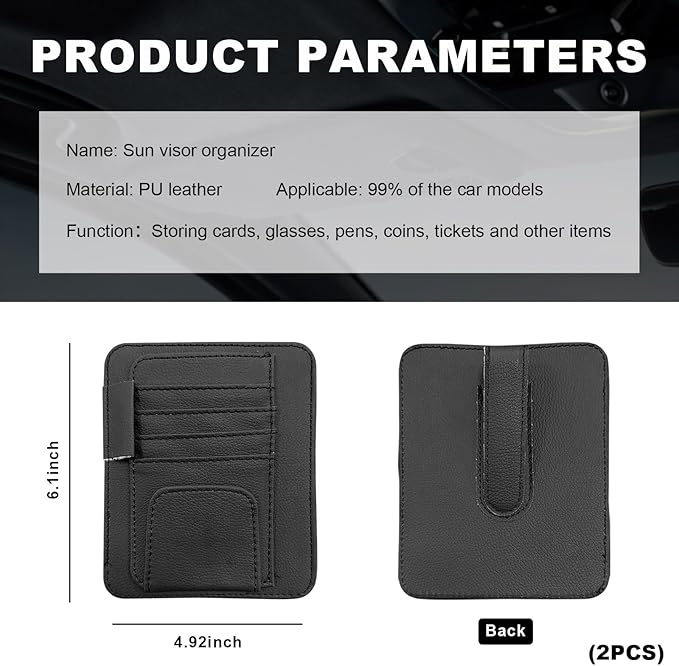 Dickno 2PCS Small Leather Car Sun Visor Organizer, Multifunctional Auto Visor Document Holder with Sunglasses Clip, Universal Car Interior Organizer for Drving License, Card, Pen (Black)