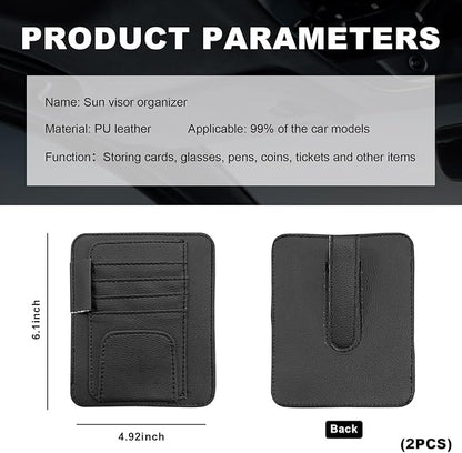 Dickno 2PCS Small Leather Car Sun Visor Organizer, Multifunctional Auto Visor Document Holder with Sunglasses Clip, Universal Car Interior Organizer for Drving License, Card, Pen (Black)
