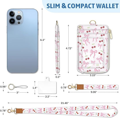 Piefly Cute Bow Lanyard Wallet with ID Badge Holder, Bowknot Small RFID Wallets Women Keychain Wristlet, Slim Credit Card Holder with Zipper Pocket Phone Lanyard Wrist Strap Office Teacher Gift