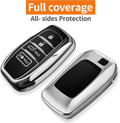 Sindeda for Toyota Key Fob Cover with Metal Keychain & Leather Strap for 2025-2026 Camry 4 Runner 2019-2026 Venza, Land Cruiser,2023-2026 Tacoma Grand Highlander,Corolla,bZ4X,4-5 Buttons(Silver)