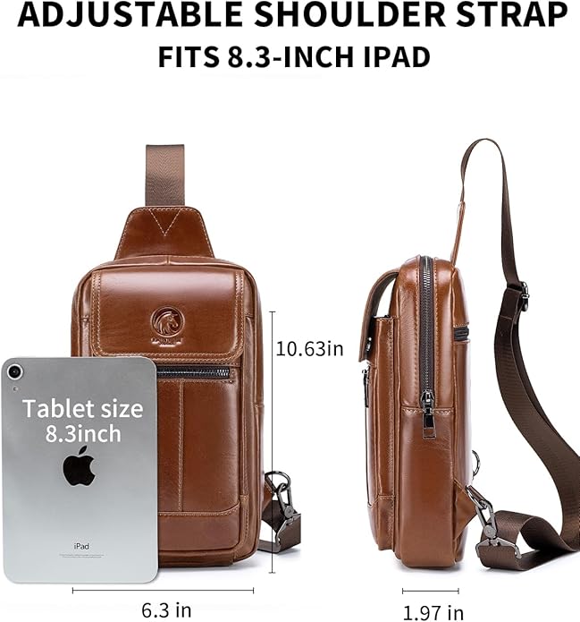 RAINBOW HORSE Brown Leather Chest Bag - Men's Genuine Leather Shoulder Pouch with Dual Front Pockets, Stylish Crossbody Sling for Travel & Work