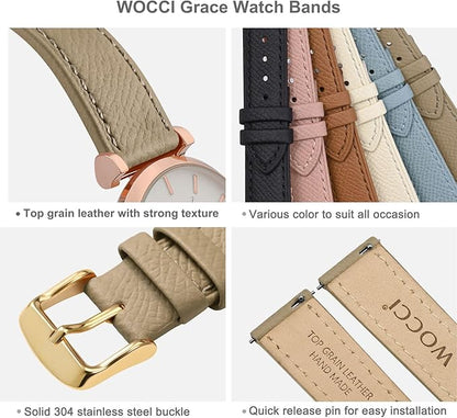 WOCCI 20mm Grace Watch Band for Ladies, Top Grain Leather, Quick Release Replacement Strap with Gold Buckle (Tea)