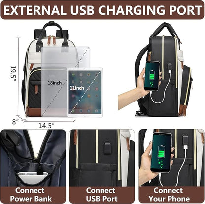 Laptop Backpack for Women Work Bookbag: 18 Inch College Backpacks with USB Charger School Book Bag Waterproof Travel Back Pack Anti-Theft Casual Bookbags for Girls Teacher Nurse Beige Black Brown