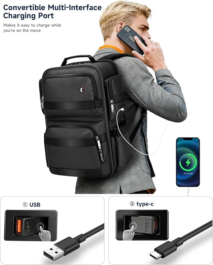 Work Laptop Backpack for Men 17in, USB-C Port Carry On Backpack with Patented Adjustable Straps, TSA Dual Laptop Compartments Backpack Travel, Waterproof Business Backpack for Professional, Black