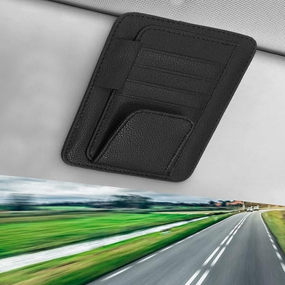 Small Leather Car Sun Visor Organizer with Storage Pouch & Sunglasses Clip, Auto Card Holder Registration/Insurance Slot, Credit Card Pockets, Automotive Interior Organizer for Cars Sun Visor(Black)