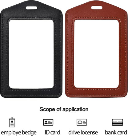 2 Pack Genuine Leather ID Badge Holders, Vertical ID Card Holders with Dual-Side Clear Window, Waterproof Name Badge Holde Suit for Office, Staff, Students, Employees