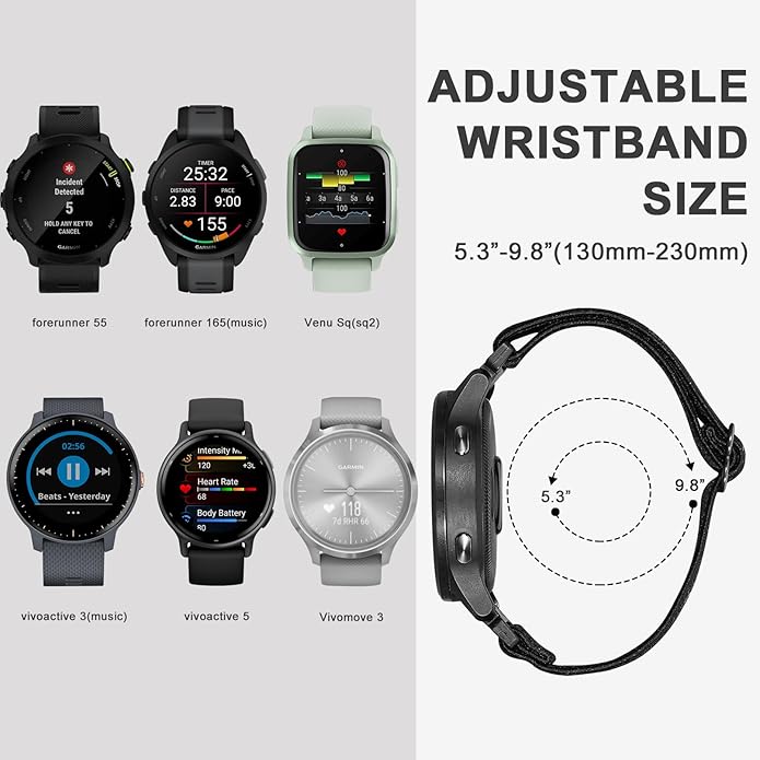 5 Pack Stretchy Nylon Watch Bands Compatible with Garmin Vivoactive 5/6/Forerunner 55/165,20mm Soft Elastic Fabric Adjustable Replacement Sport Straps for Garmin Venu Sq 2 Women Men