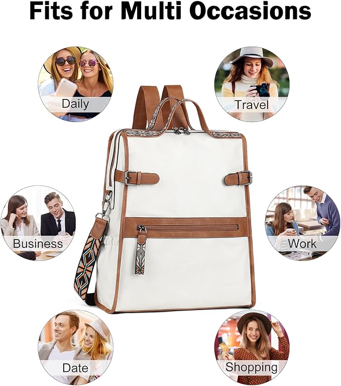 FADEON Leather Laptop Backpack for Women, Designer Ladies Work Travel Computer Backpack with Laptop Compartment Purse White
