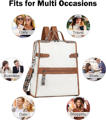 FADEON Leather Laptop Backpack for Women, Designer Ladies Work Travel Computer Backpack with Laptop Compartment Purse White