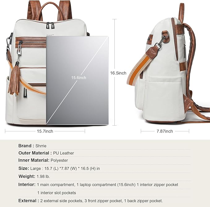 Shrrie 15.6 inch Laptop Backpack for Women,Large Leather Backpack Purse,Travel,Carry on,Water Resistant Casual Laptop Backpacks,College Backpack,Work Backpack for Women,Beige with Brown