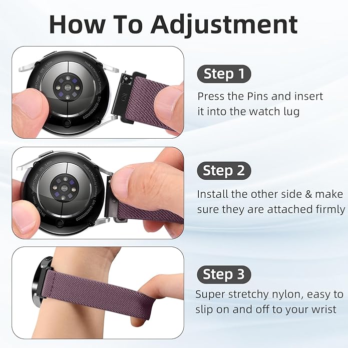 DaQin 3 Pack Nylon Watch Bands Compatible with 16mm 18mm 20mm 22mm Quick Release Watch Band, Adjustable Soft Stretchy Solo Loop Strap Elastic Braided Relacement Wristband for Men Women
