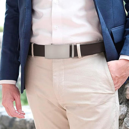SENDEFN Men's Leather Belt Automatic Ratchet Buckle Slide Belt for Dress Casual Trim to Fit with Gift Box