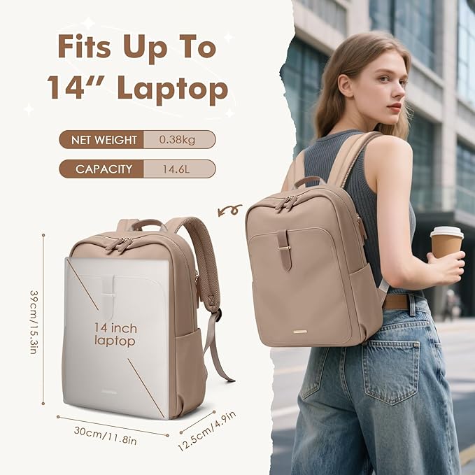 Laptop Backpack for Women,Casual Work Business Backpacks Purse Carry on Travel Backpack,14 Inch,Champagne Brown