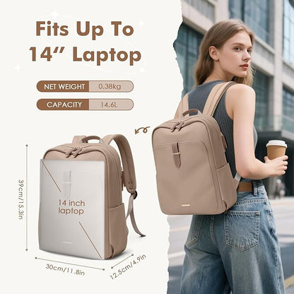 Laptop Backpack for Women,Casual Work Business Backpacks Purse Carry on Travel Backpack,14 Inch,Champagne Brown