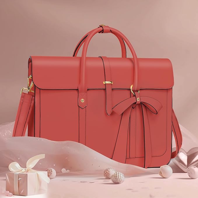 MOSISO Laptop Bag for Women, 15-15.6 inch PU Leather Laptop Shoulder Bags Convertible Backpack, 16 inch Messenger Bags Casual Handbag Work Briefcase Travel Computer Bag with Bowknot, Coral