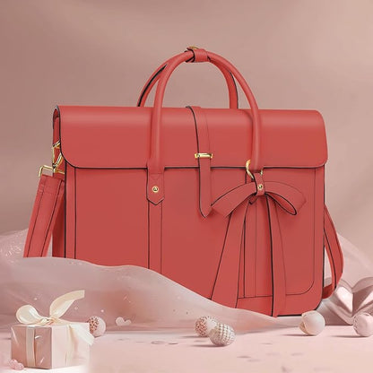MOSISO Laptop Bag for Women, 15-15.6 inch PU Leather Laptop Shoulder Bags Convertible Backpack, 16 inch Messenger Bags Casual Handbag Work Briefcase Travel Computer Bag with Bowknot, Coral